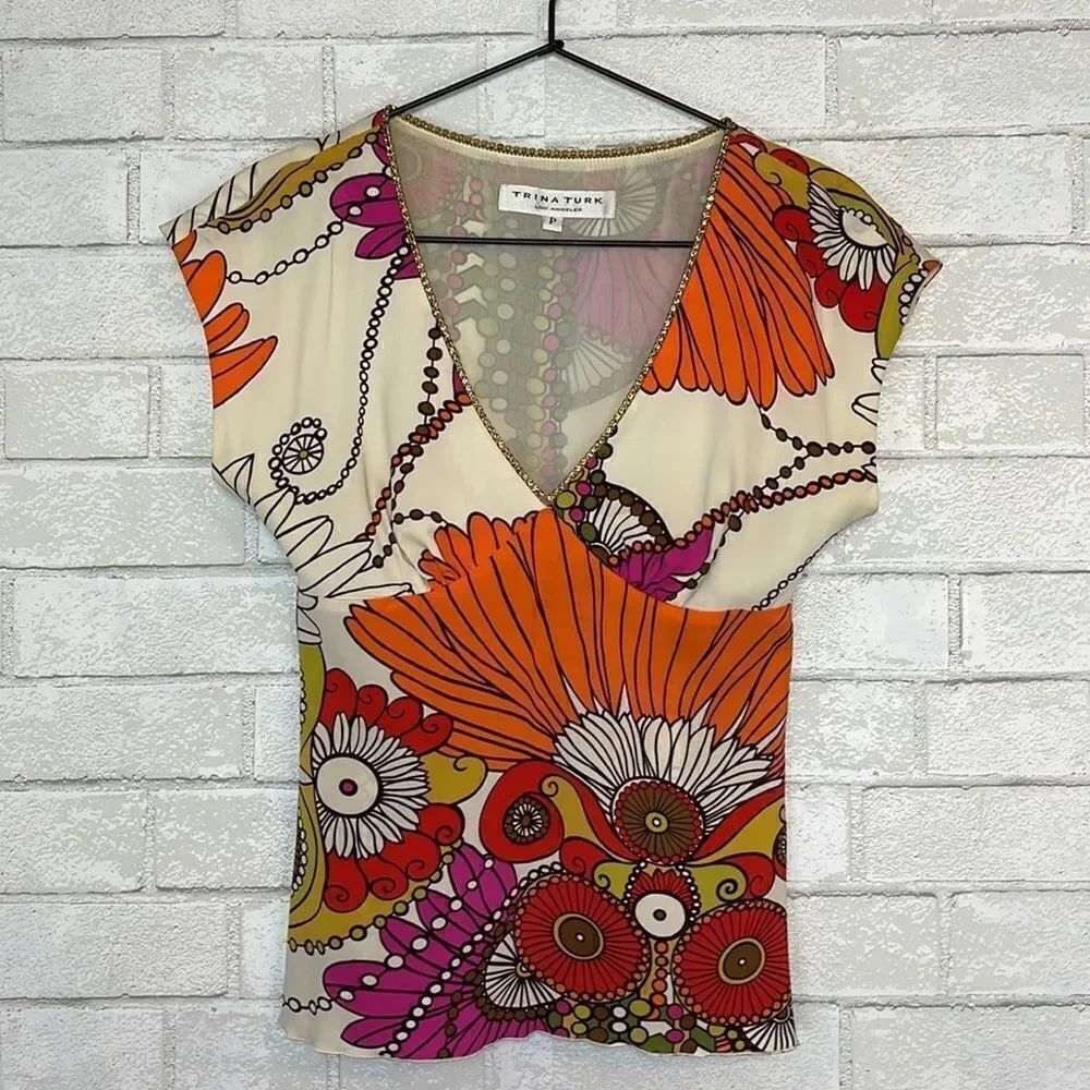 Trina Turk Silk Floral Printed Blouse P XS